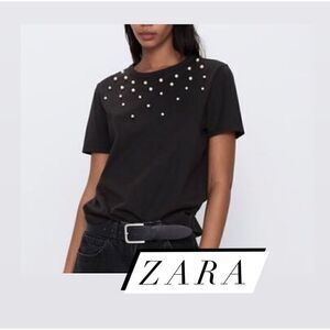 Zara black cotton pearls top tee shirt women’s large